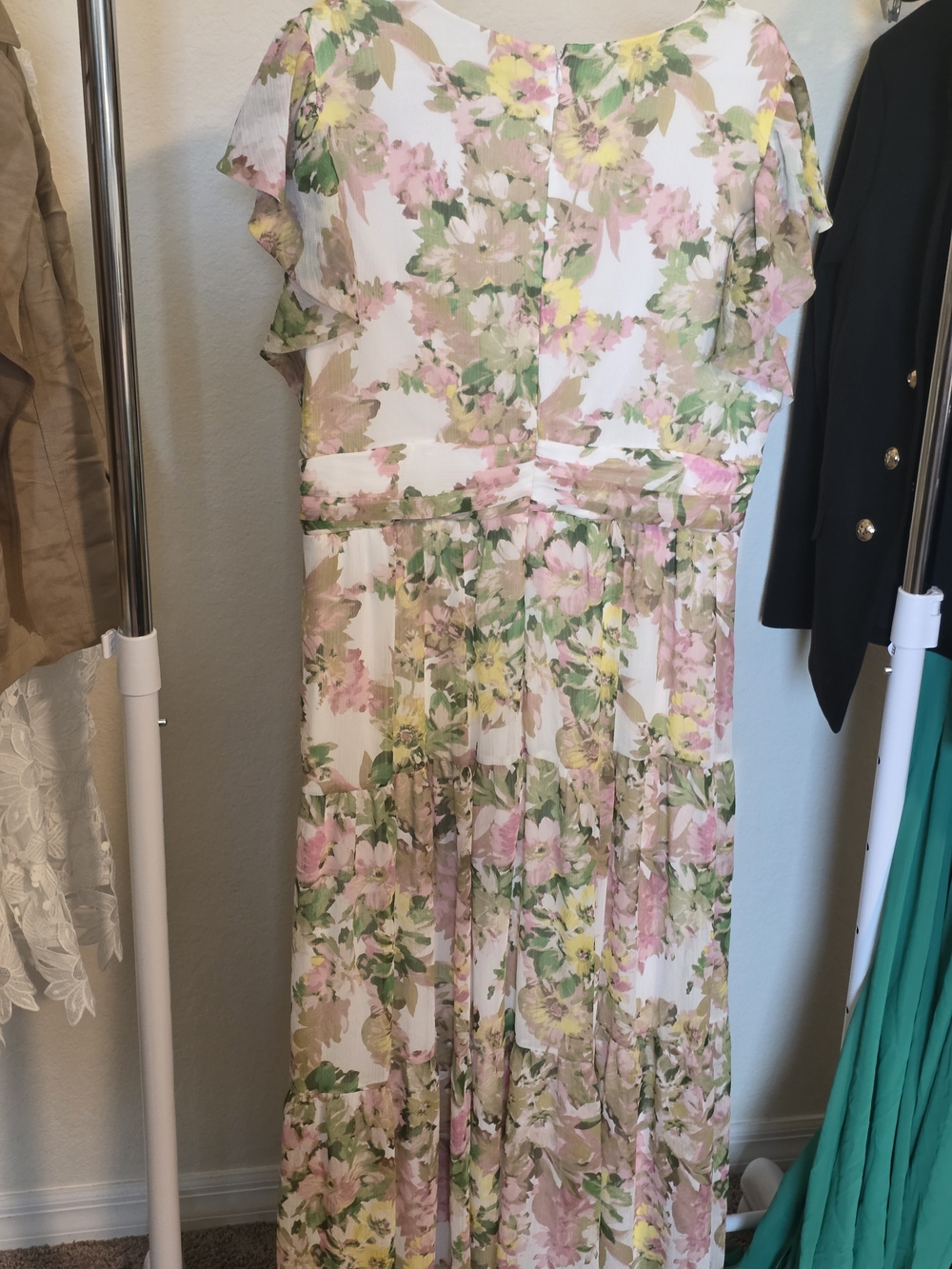 DKNY Pink & Green Floral Maxi Dress with Flutter Sleeves Size 16 - Picture 8 of 8